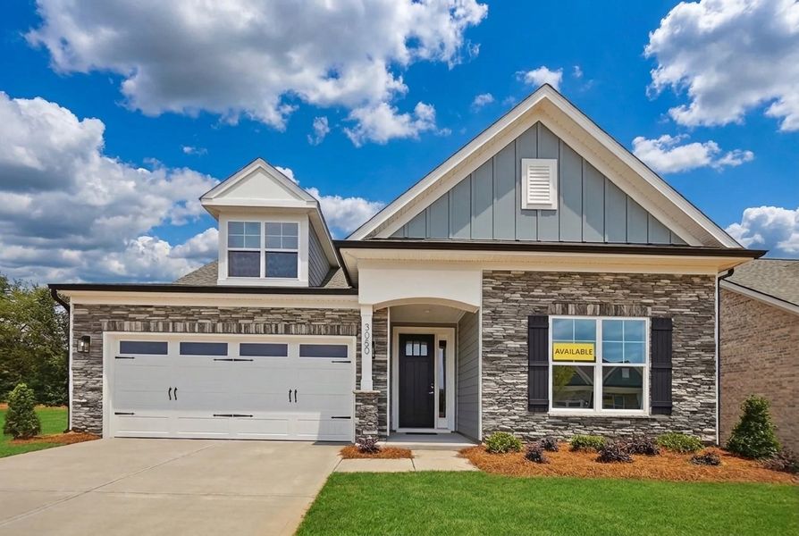 Front exterior of a new home in Founders Landing | 55+ Community, Gastonia, NC, highlighting curb appeal (Image 1). Front exterior of a new home in Founders Landing | 55+ Community, Gastonia, NC, highlighting curb appeal (Image 1).