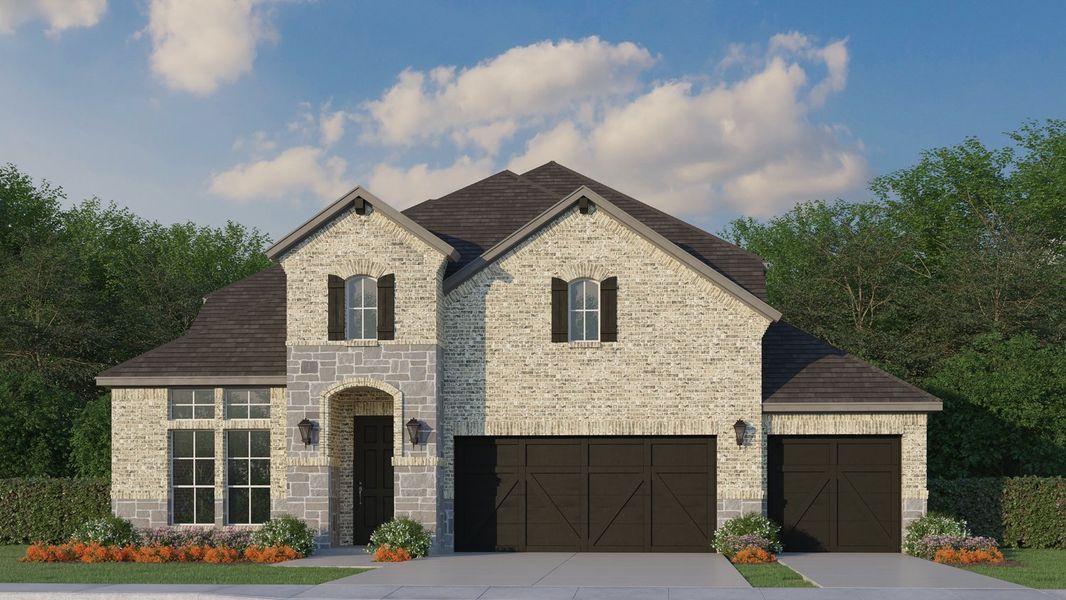 Plan 1536 Elevation A with Stone & 3rd Car Garage