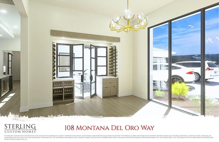 Wine storage, large picture window and doors that open onto court yard
