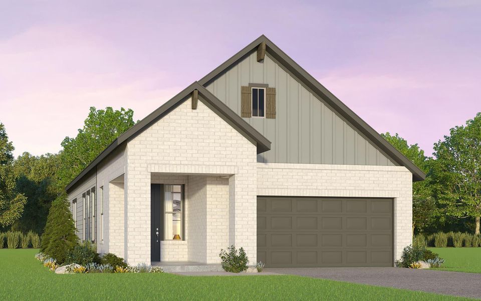 View of front of house featuring board and batten siding, brick siding, a garage, and driveway