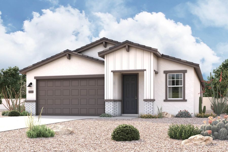 Modern Prairie exterior elevation rendering of 1 story 3-bedroom New Home floor plan in Maricopa AZ USDA Loan VA Loan Eligible Near 347 with community amenities near park