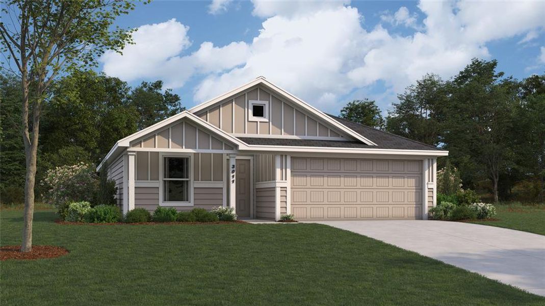 View of front facade featuring a front lawn and a garage