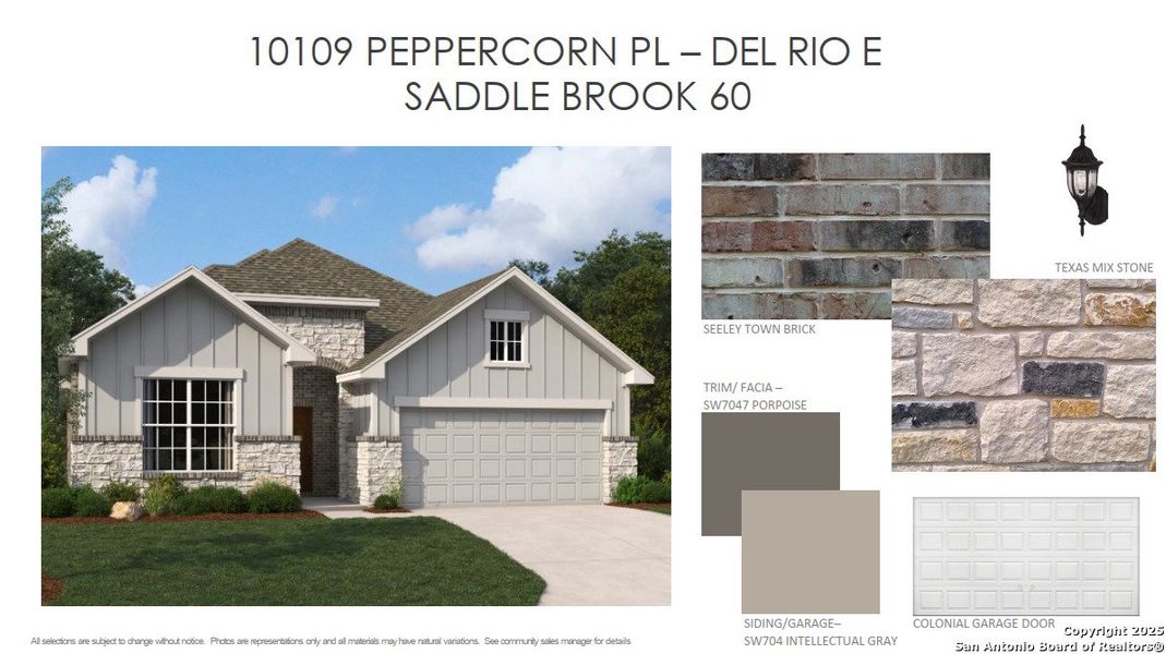 Front exterior of a new home in The Heights at Saddlebrook Ranch 60's, Schertz, TX, highlighting curb appeal (Image 1).