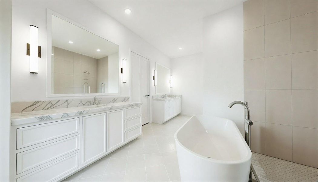 Rendering: Primary bath features dual vanities, freestanding soaking tub, and large shower.