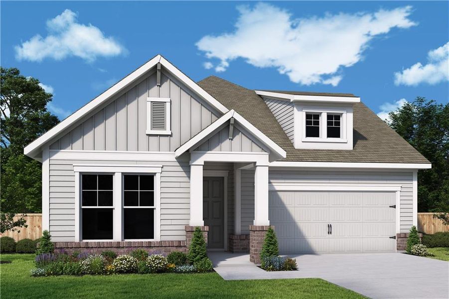 Front exterior of a new home in Maple Grove at Towne Lake, Woodstock, GA, highlighting curb appeal (Image 1). Front exterior of a new home in Maple Grove at Towne Lake, Woodstock, GA, highlighting curb appeal (Image 1).