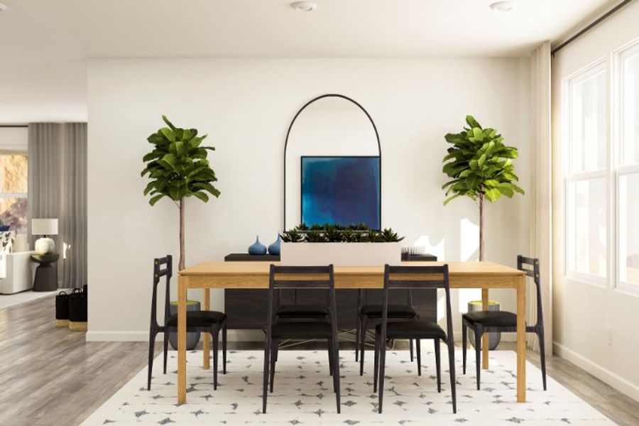 A dining room table with chairs and a large window.