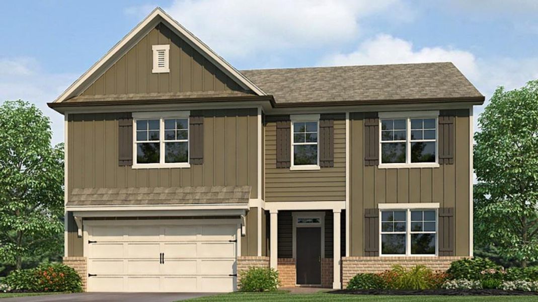 Front exterior of a new home in Grandview at Lanier, Dawsonville, GA, highlighting curb appeal (Image 1). Front exterior of a new home in Grandview at Lanier, Dawsonville, GA, highlighting curb appeal (Image 1).