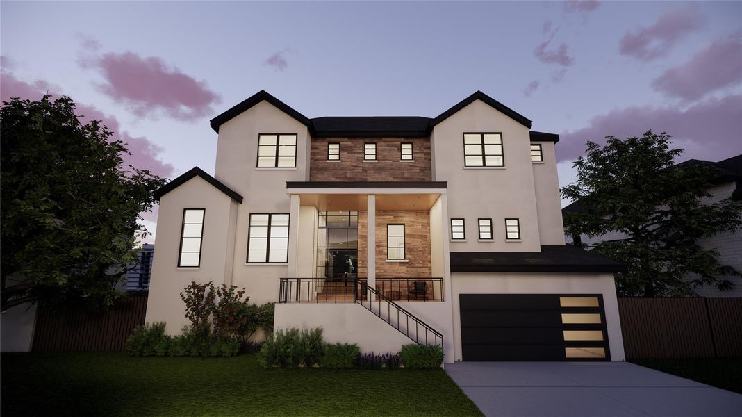 Another view of the front highlights the wood ceiling on the patio which flows seamlessly into the interior entry space.