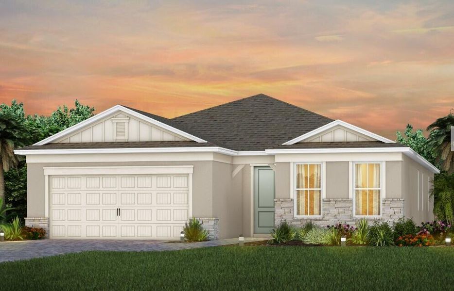 Front exterior of a new home in Del Webb Tradition, Port St. Lucie, FL, highlighting curb appeal (Image 14).