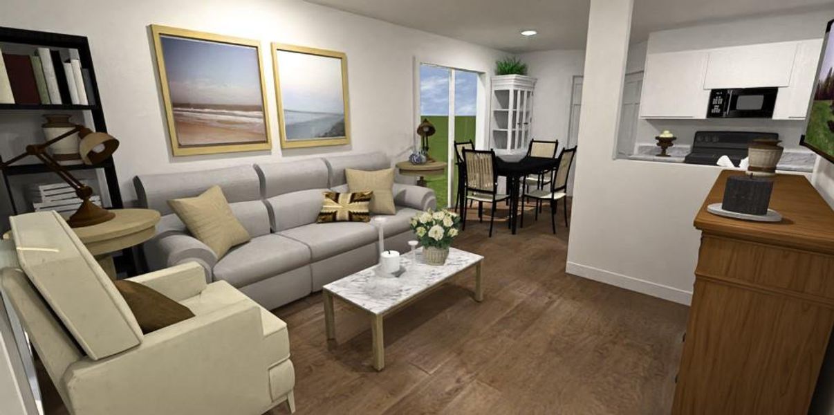 Living room with wood finished floors and recessed lighting