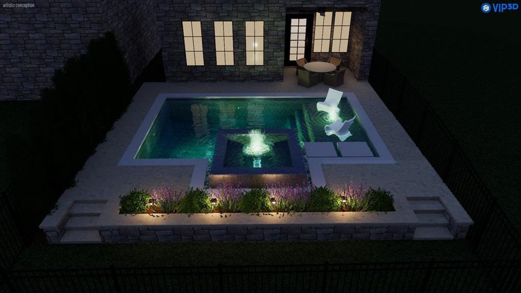 This rendering showcases a pool option that can be added. The spacious lot offers plenty of room to create your own private backyard retreat.