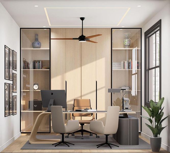 Office space with ceiling fan and recessed lighting