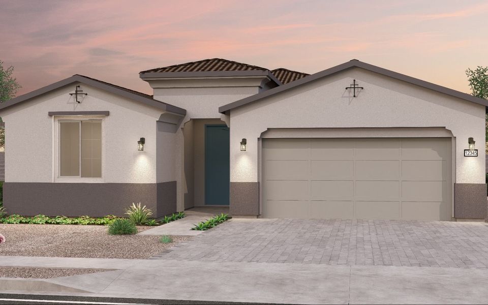 Front exterior of a new home in Blossom Rock, Apache Junction, AZ, highlighting curb appeal (Image 1). Front exterior of a new home in Blossom Rock, Apache Junction, AZ, highlighting curb appeal (Image 1).