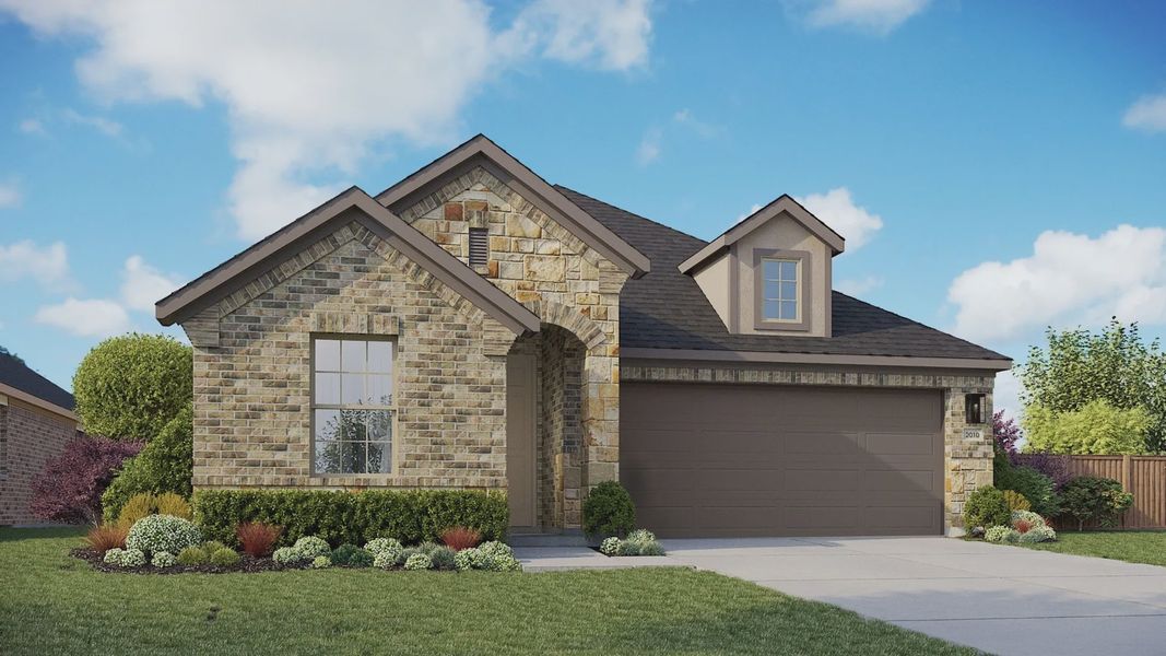 Representative exterior photo of a completed home built from the Fiji by DRB Homes in Prairie Green, Converse, TX (Image 4). Representative exterior photo of a completed home built from the Fiji by DRB Homes in Prairie Green, Converse, TX (Image 4).