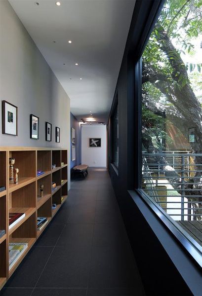 Built-in library area with stunning view of entry.