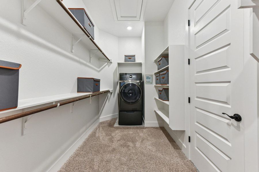 Functional layout highlights this utility space with built-in shelving and soft carpet underfoot.