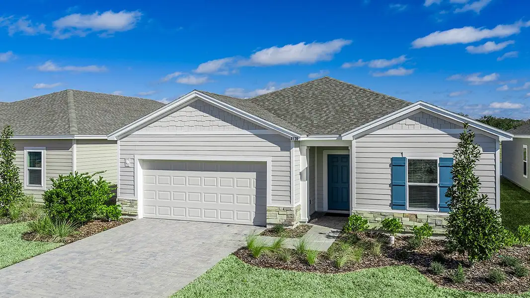 Front exterior of a new home in Coopers Meadow, Jacksonville, FL, highlighting curb appeal (Image 2). Front exterior of a new home in Coopers Meadow, Jacksonville, FL, highlighting curb appeal (Image 2).