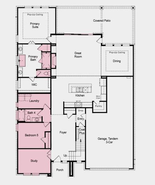 Floor 1 - Additional Highlights Include: Gourmet kitchen, bedroom 5 with bath 4 in place of flex/half bath, black vinyl sliding door unit at great room, interior fireplace at great room, media room in place of bedroom 4, free-standing oval tub at primary bath, spa shower at primary bath, exterior gas line, pre-plumb for future water softener at garage, and pre-plumb for future laundry sink