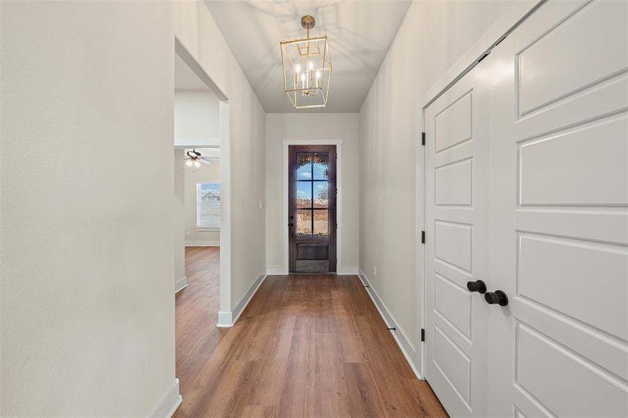 Doorway with wood finished floors, a chandelier, and ceiling fan