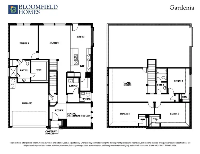 Bloomfield Homes Gardenia two-story floor plan with four bedrooms, game room, and two-car garage shown on both levels. Bloomfield Homes Gardenia two-story floor plan with four bedrooms, game room, and two-car garage shown on both levels.