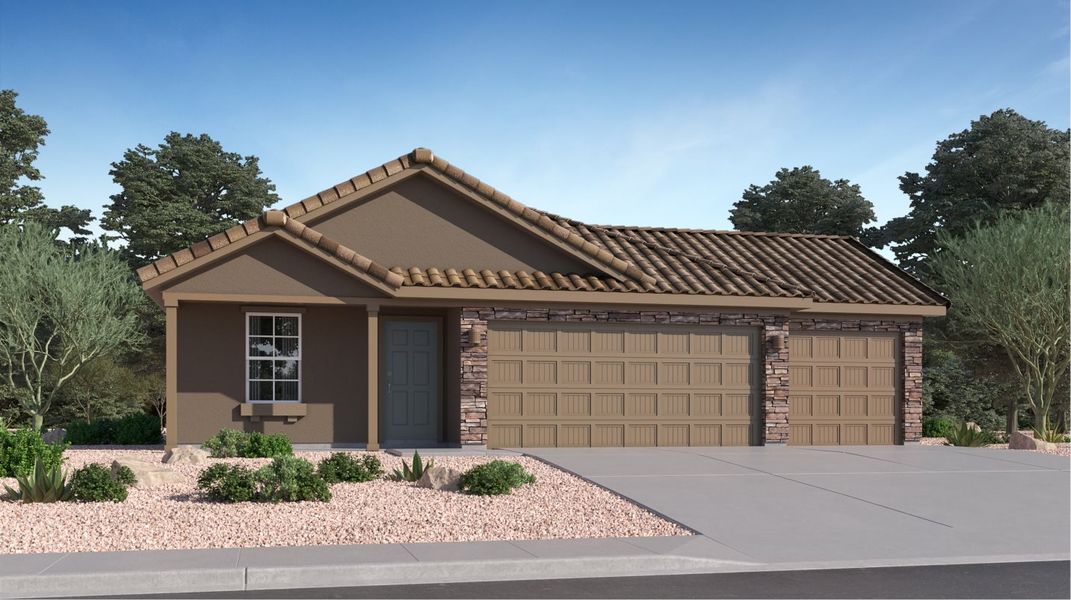 Front exterior of a new home in Mountain View at Rocking K: Mountain View Dream, Vail, AZ, highlighting curb appeal (Image 1).