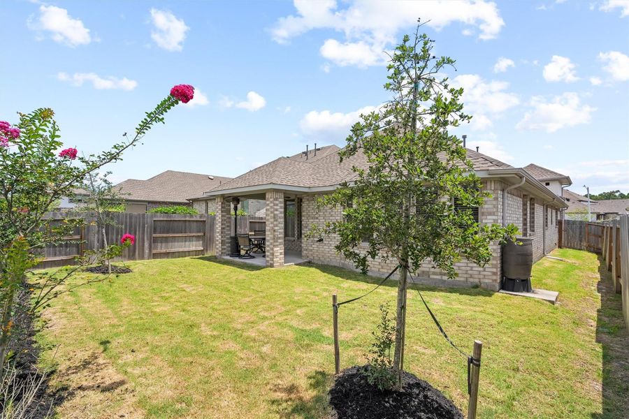 A generous fenced backyard with open sky. A generous fenced backyard with open sky.