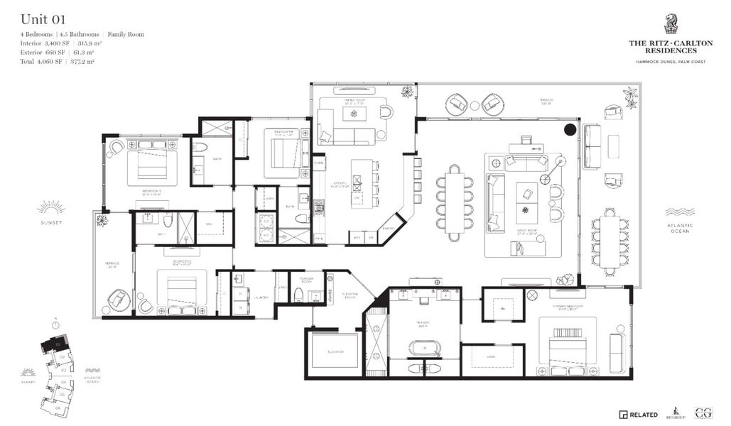 2D floor plan layout for the Unit 01 by BH Group in The Ritz-Carlton Residences, West Palm Beach, FL (Image 1).