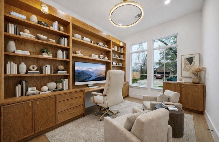Virtually Staged formal study, all custom white oak cabinets built on site