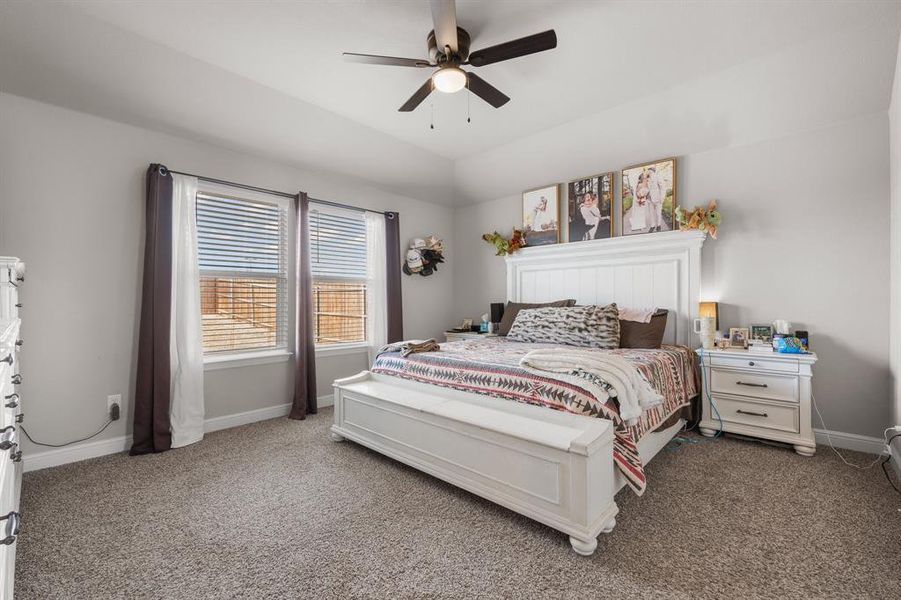 Carpeted bedroom featuring baseboards and ceiling fan Carpeted bedroom featuring baseboards and ceiling fan