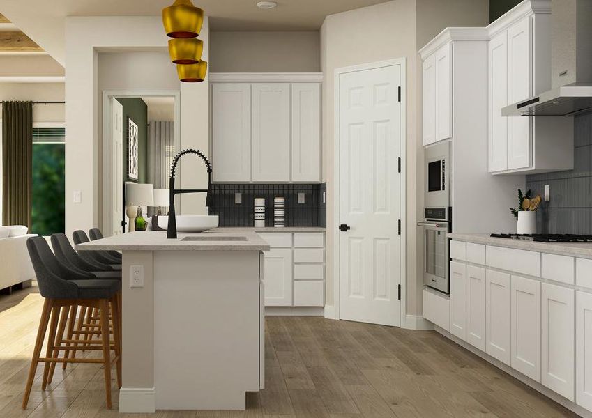 Rendering of the kitchen in the Jasmine
  with wood-look vinyl plank flooring, white cabinetry, tiled backsplash and
  large island.Â