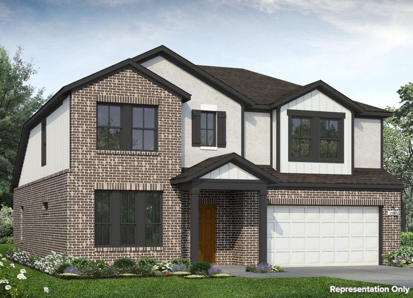 Front exterior of a new home in Sorella, Tomball, TX, highlighting curb appeal (Image 1). Front exterior of a new home in Sorella, Tomball, TX, highlighting curb appeal (Image 1).