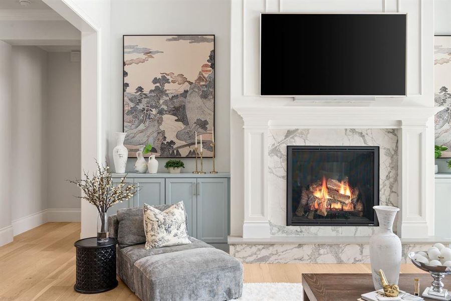 Living area featuring wood finished floors and a premium fireplace Living area featuring wood finished floors and a premium fireplace