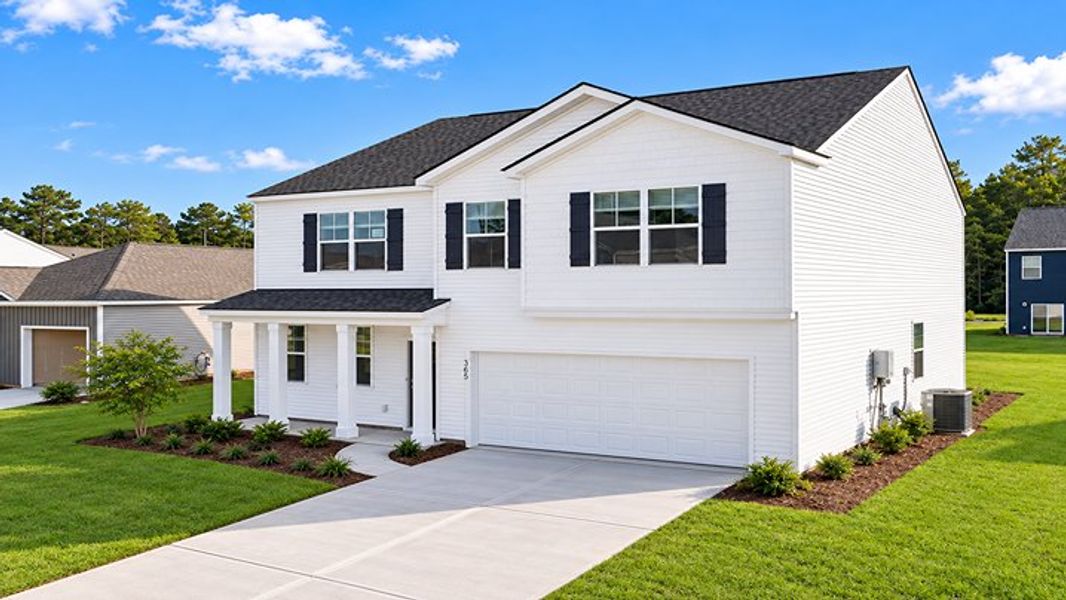Front exterior of a new home in Pine Hills at Cane Bay, Summerville, SC, highlighting curb appeal (Image 2). Front exterior of a new home in Pine Hills at Cane Bay, Summerville, SC, highlighting curb appeal (Image 2).