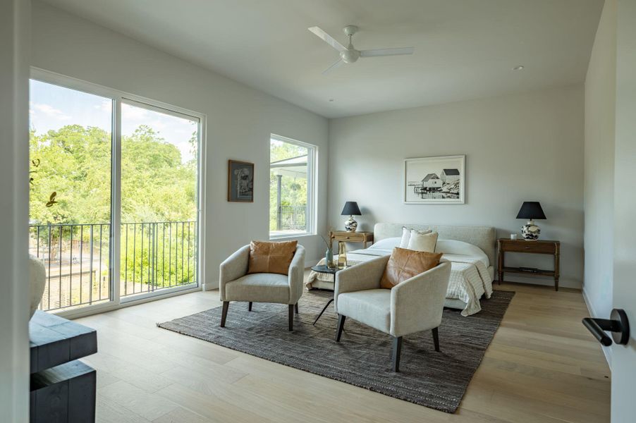 Hardwood floors and generous glazing enrich this tranquil bedroom retreat. Hardwood floors and generous glazing enrich this tranquil bedroom retreat.