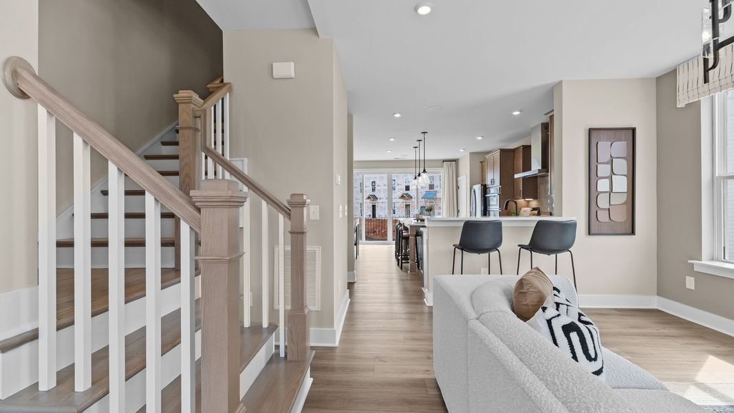 Furnished interior view inside a new home in The River District Townhomes, Charlotte (Image 16). Furnished interior view inside a new home in The River District Townhomes, Charlotte (Image 16).