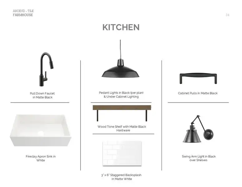 Farmhouse Look Palette 6: Kitchen Selection Sheet (*Artist rendering used for illustration purposes only.)