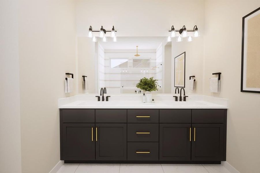 Bathroom with double vanity, light tile patterned floors, and a shower Bathroom with double vanity, light tile patterned floors, and a shower
