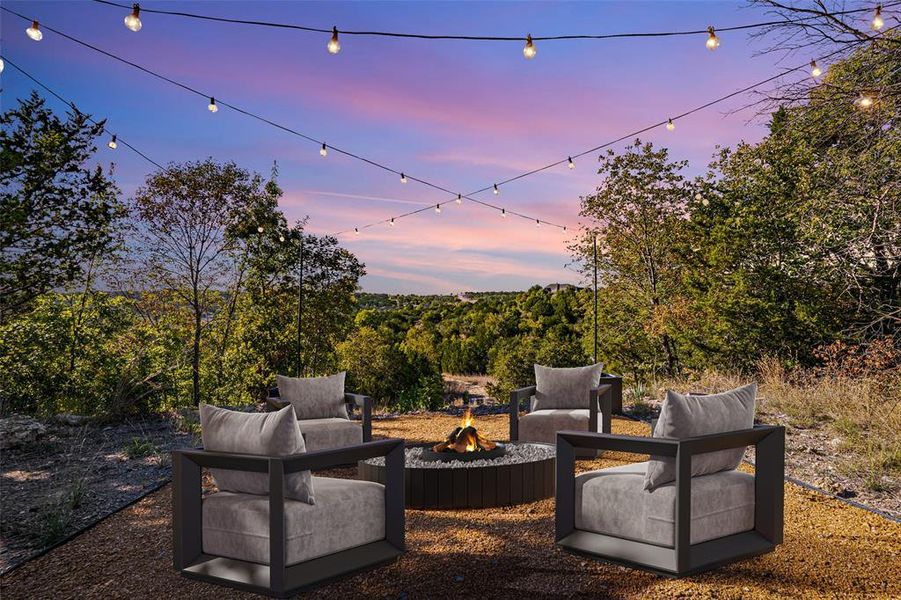 Patio terrace at dusk with a patio and a fire pit Patio terrace at dusk with a patio and a fire pit