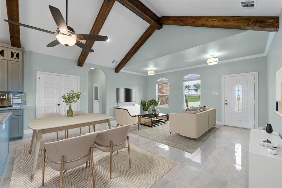 Tiled dining room with lofted ceiling with beams, ceiling fan, and crown molding