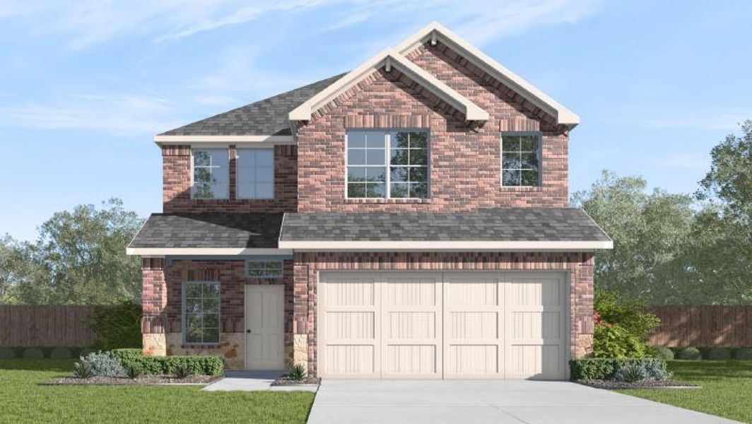Front exterior of a new home in The Reserve at Spiritas Ranch, Little Elm, TX, highlighting curb appeal (Image 1).