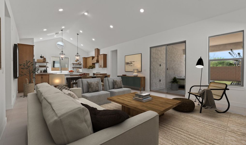 Great room and kitchen with vaulted ceiling