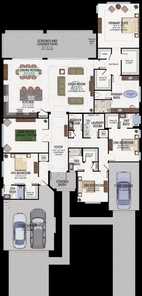 2D floor plan layout of this home in Valencia Parc at Riverland, Port St. Lucie, FL (Image 4).