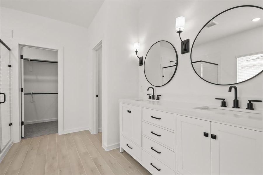 Serene primary bath with double sinks