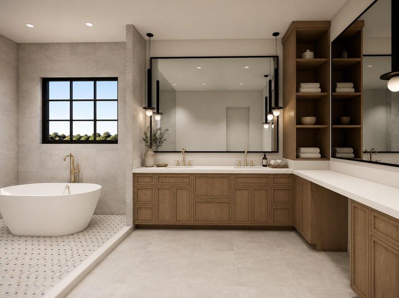 Rendering: Primary Bathroom with dual vanities, large shower and freestanding tub. Features custom cabinetry, natural stones, and a spa-like feel.