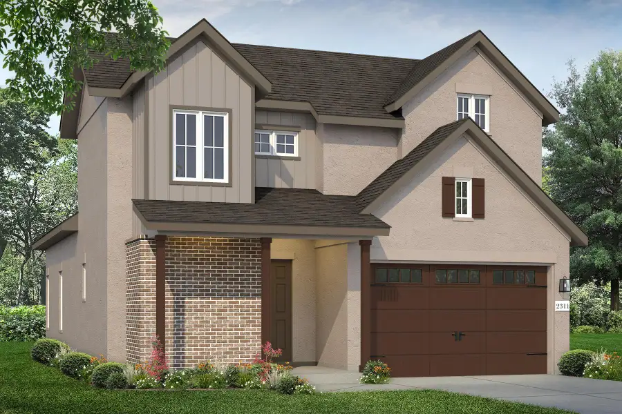 View of front of property featuring board and batten siding, brick siding, a garage, and roof with shingles View of front of property featuring board and batten siding, brick siding, a garage, and roof with shingles