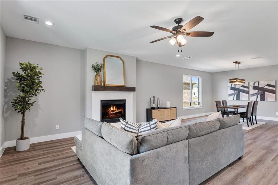 Living room featuring ceiling fan and wood-type flooring