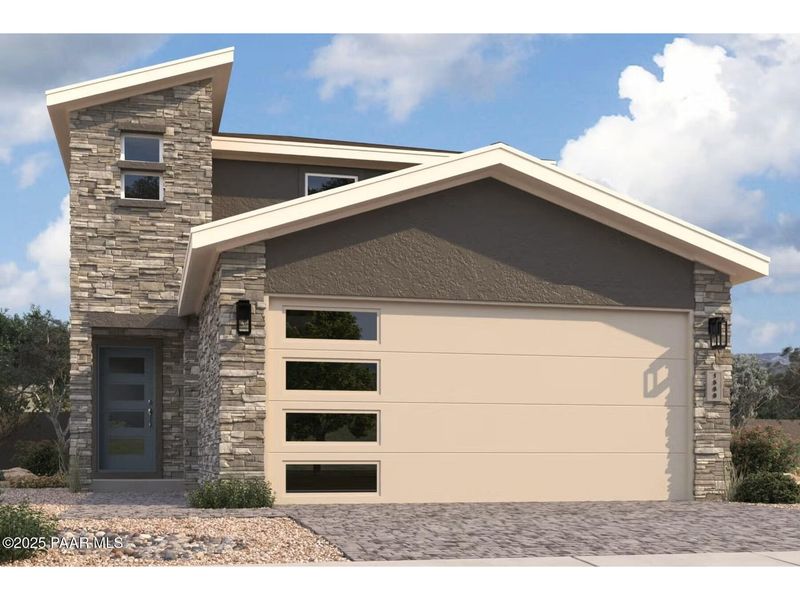Front exterior of a new home in South Ranch Southern Collection, Prescott, AZ, highlighting curb appeal (Image 1).