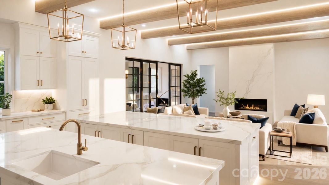 Rendering of kitchen and living room with doors to pool area Rendering of kitchen and living room with doors to pool area