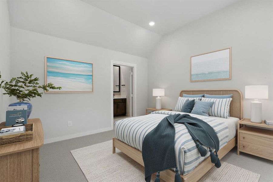 Carpeted bedroom with ensuite bathroom, lofted ceiling, and recessed lighting