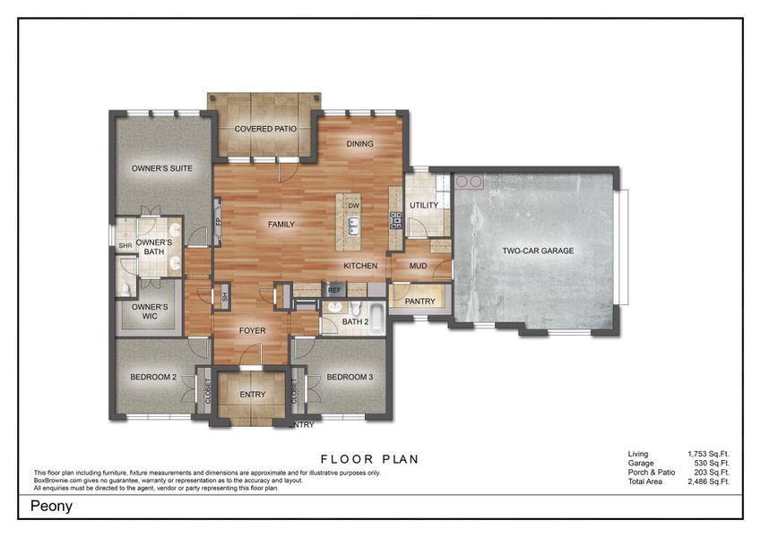 2D floor plan layout for the The Peony by Kenmark Homes in Zion Valley, Poolville, TX (Image 3). 2D floor plan layout for the The Peony by Kenmark Homes in Zion Valley, Poolville, TX (Image 3).